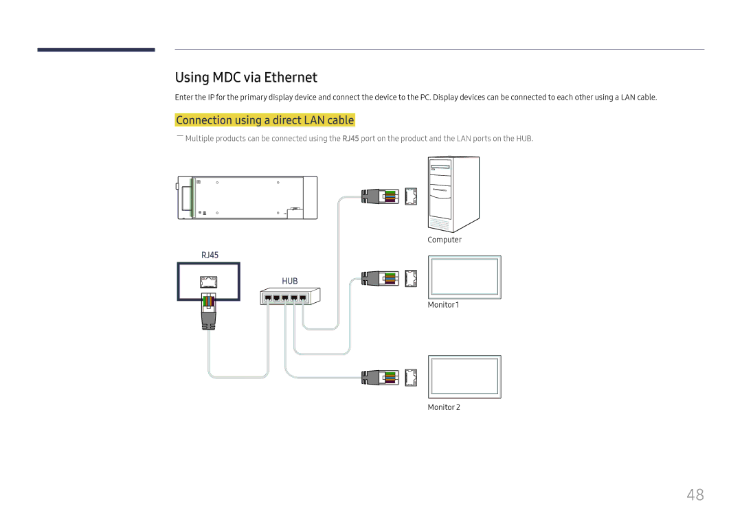 Samsung LH37SHFPLBB/EN manual Using MDC via Ethernet, Connection using a direct LAN cable 