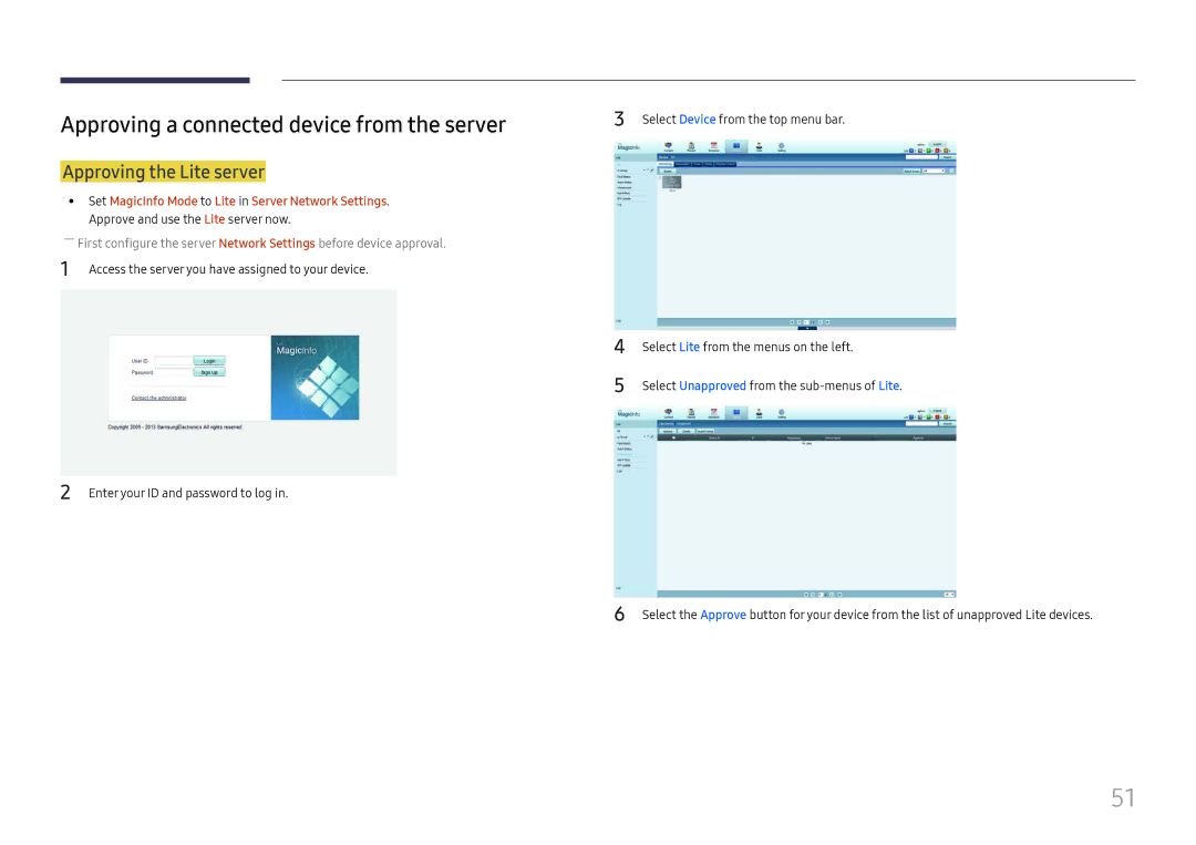 Samsung LH37SHFPLBB/EN manual Approving a connected device from the server, Approving the Lite server 