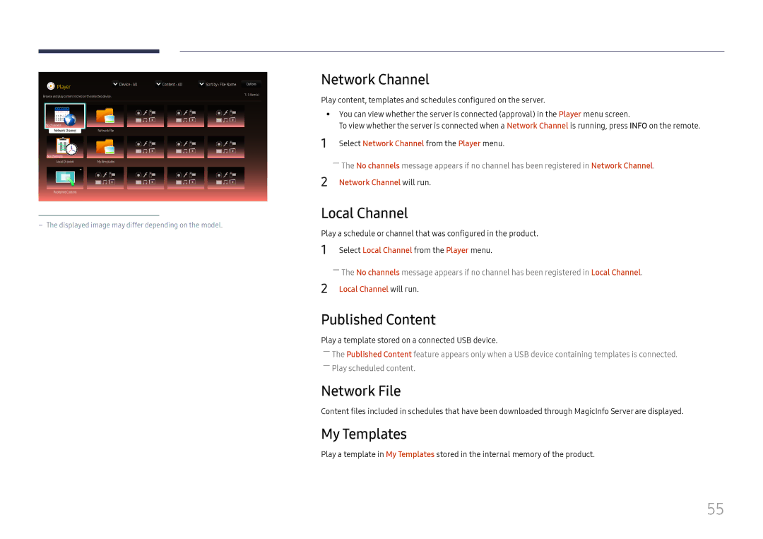 Samsung LH37SHFPLBB/EN manual Network Channel, Local Channel, Published Content, Network File, My Templates 