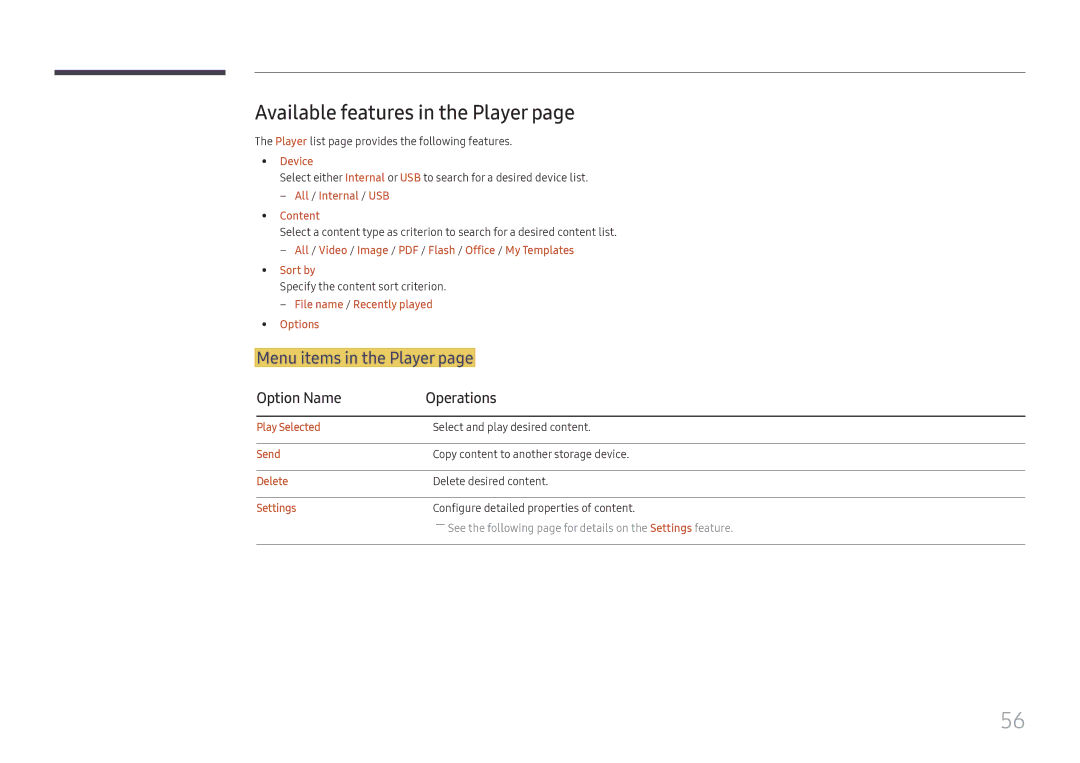 Samsung LH37SHFPLBB/EN manual Available features in the Player, Menu items in the Player, Option Name Operations 