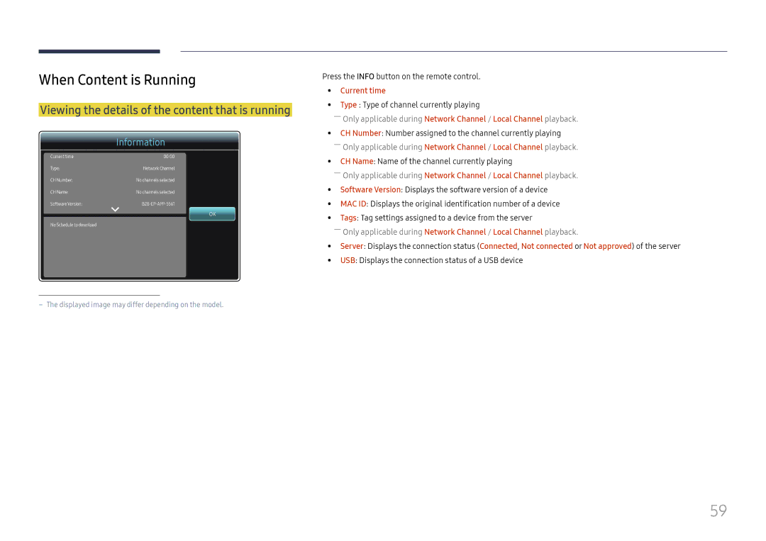 Samsung LH37SHFPLBB/EN manual When Content is Running, Viewing the details of the content that is running, Current time 