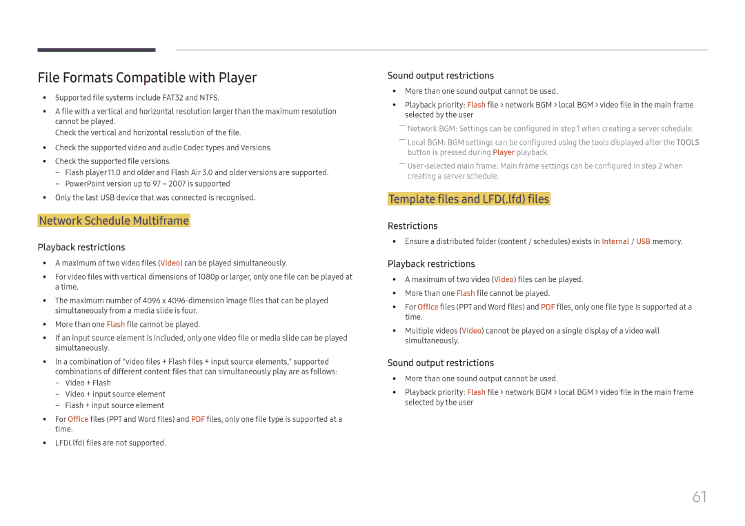 Samsung LH37SHFPLBB/EN File Formats Compatible with Player, Network Schedule Multiframe, Template files and LFD.lfd files 