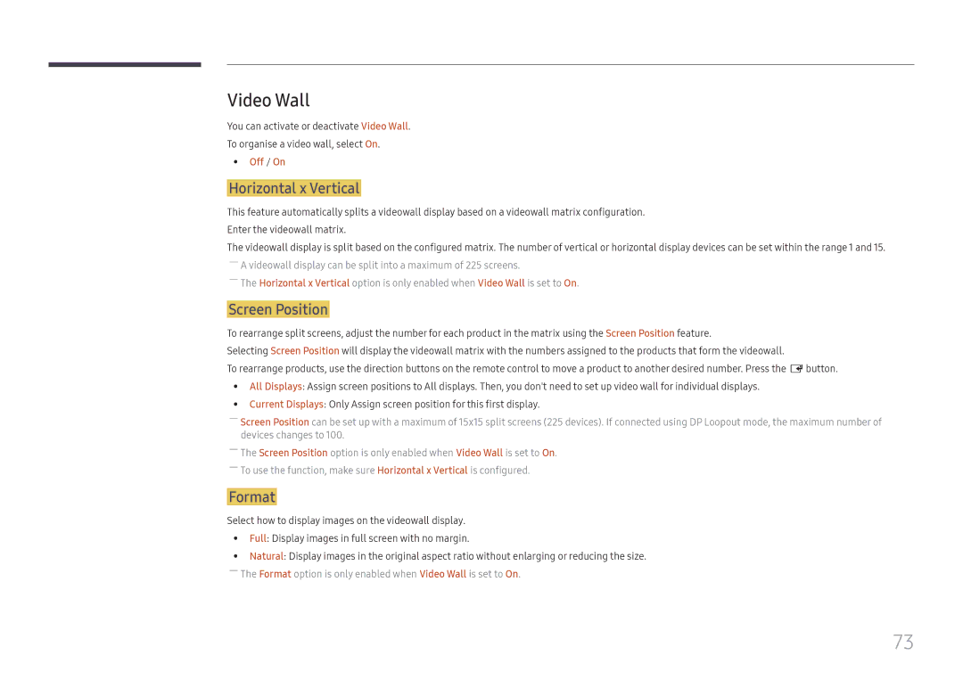 Samsung LH37SHFPLBB/EN manual Video Wall, Horizontal x Vertical, Screen Position, Format, Off / On 