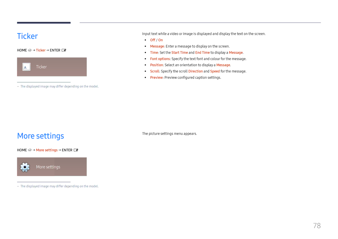 Samsung LH37SHFPLBB/EN manual Home → Ticker → Enter E, Home → More settings → Enter E 