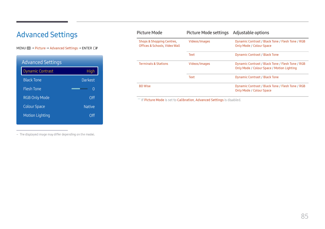 Samsung LH37SHFPLBB/EN manual Picture Mode, Menu m → Picture → Advanced Settings → Enter E 