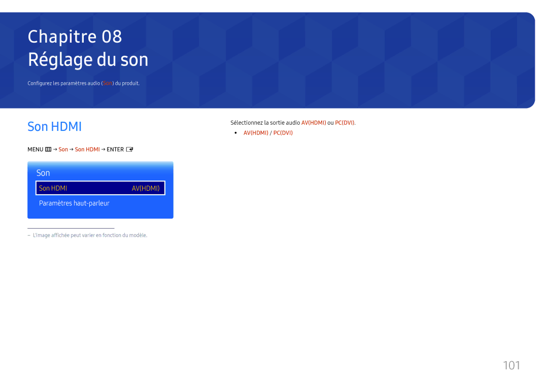 Samsung LH37SHFPLBB/EN manual Réglage du son, 101, Menu m → Son → Son Hdmi → Enter E 