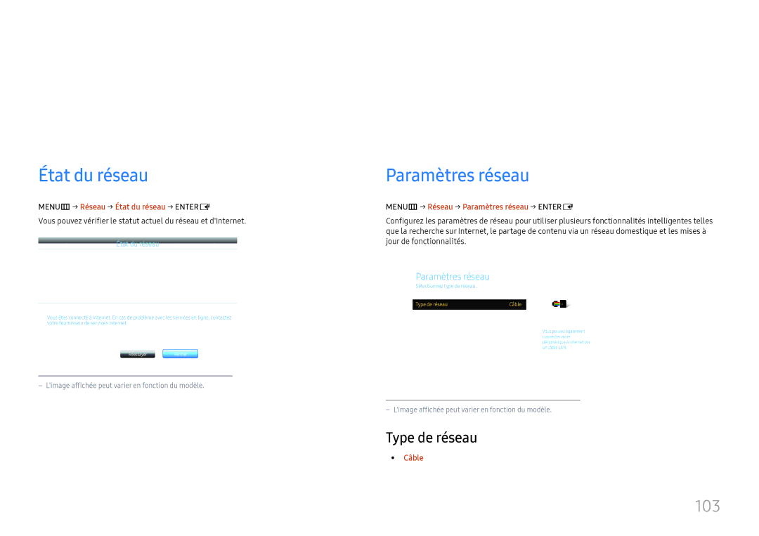 Samsung LH37SHFPLBB/EN manual Réseau, Paramètres réseau, 103, Type de réseau 