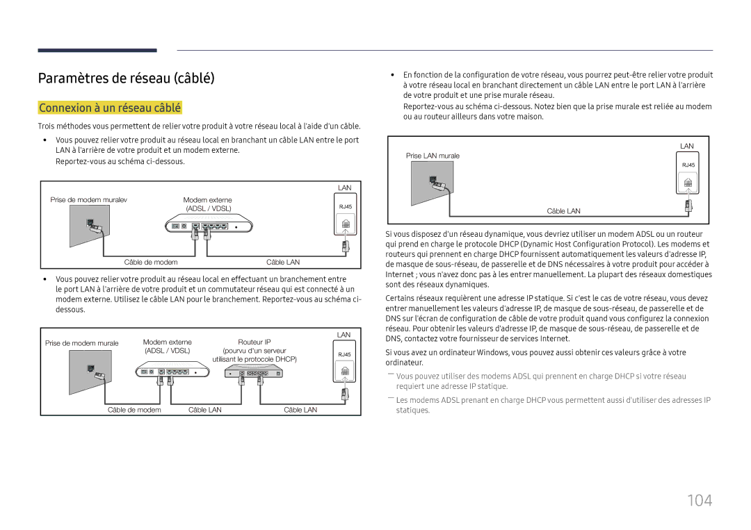 Samsung LH37SHFPLBB/EN manual 104, Paramètres de réseau câblé, Connexion à un réseau câblé 