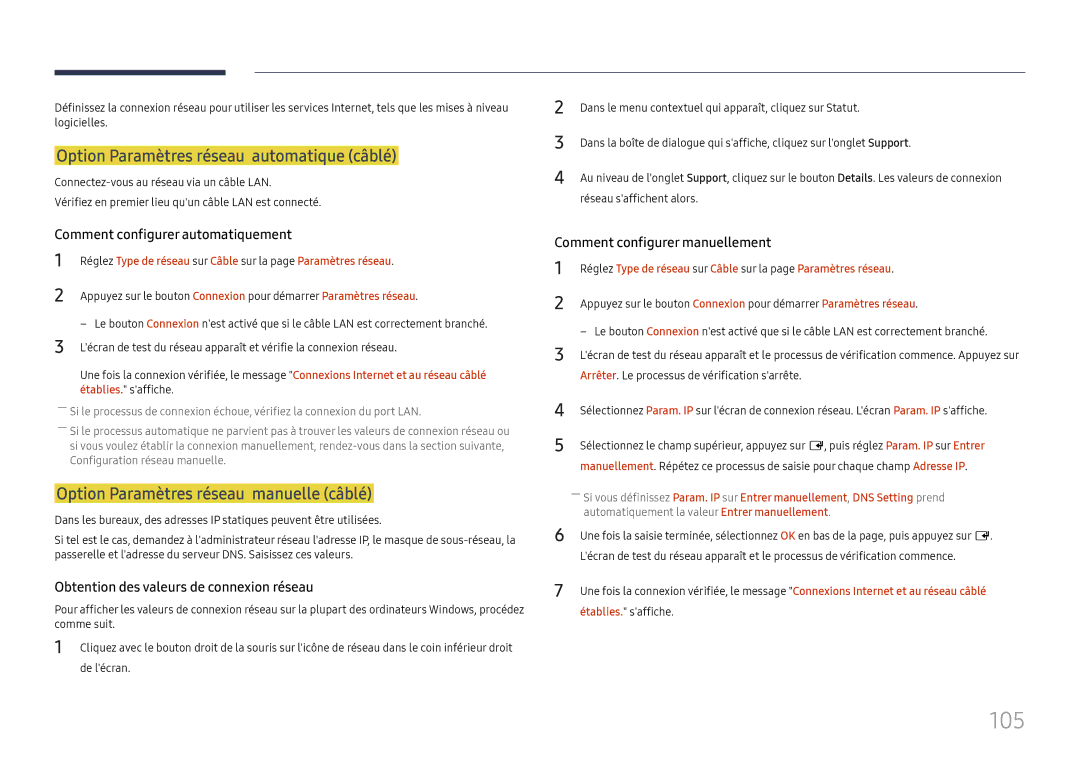 Samsung LH37SHFPLBB/EN manual 105, Option Paramètres réseau automatique câblé, Option Paramètres réseau manuelle câblé 