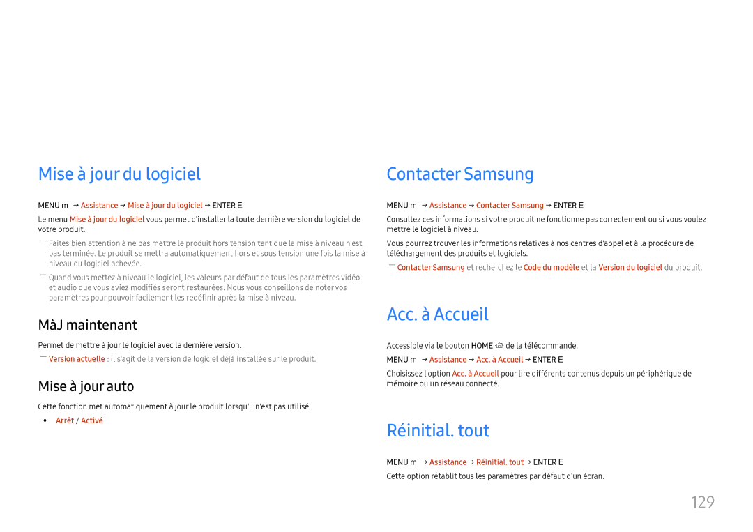 Samsung LH37SHFPLBB/EN manual Assistance, Mise à jour du logiciel, Contacter Samsung, Acc. à Accueil, Réinitial. tout 