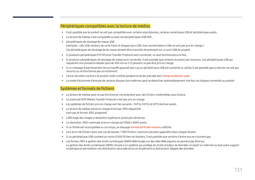 Samsung LH37SHFPLBB/EN manual 131, Périphériques compatibles avec la lecture de médias, Systèmes et formats de fichiers 