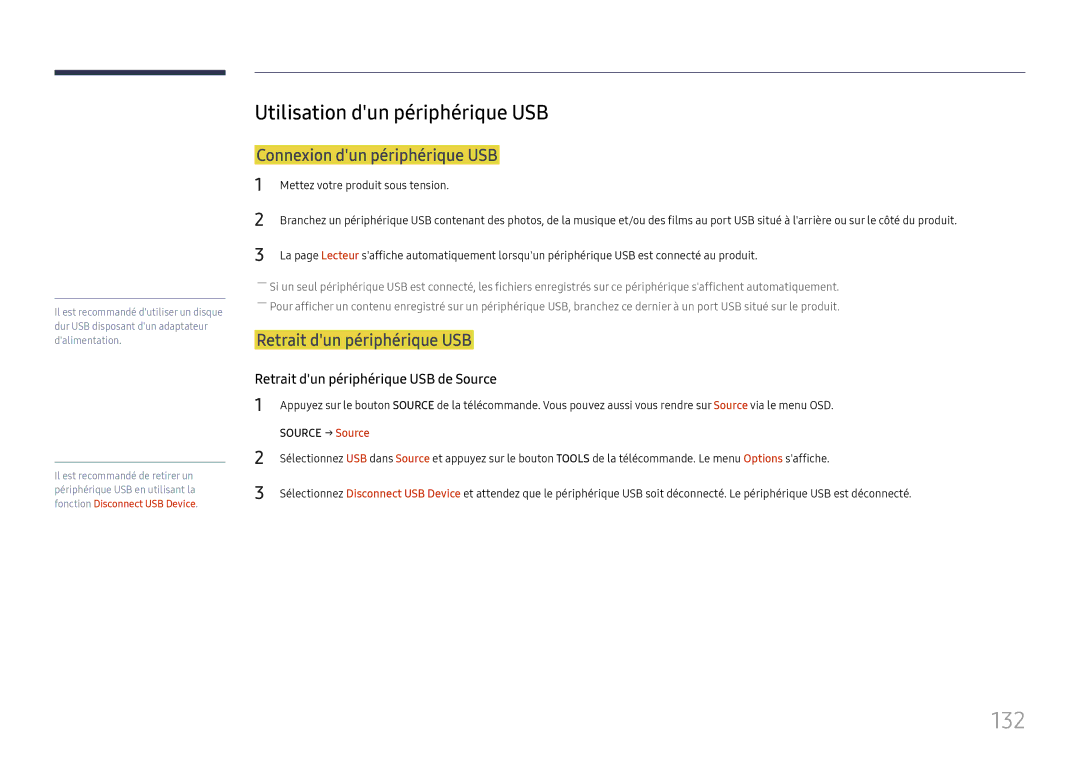Samsung LH37SHFPLBB/EN 132, Utilisation dun périphérique USB, Connexion dun périphérique USB, Retrait dun périphérique USB 