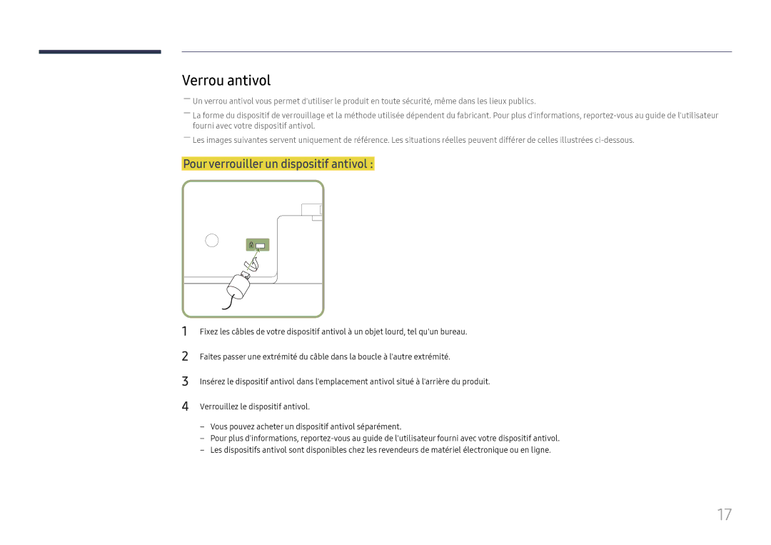 Samsung LH37SHFPLBB/EN manual Verrou antivol, Pour verrouiller un dispositif antivol 