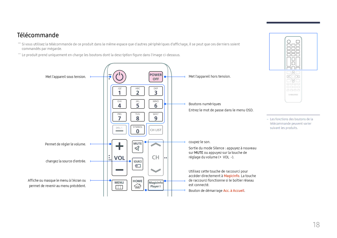 Samsung LH37SHFPLBB/EN manual Télécommande, Permet de régler le volume Changez la source dentrée 