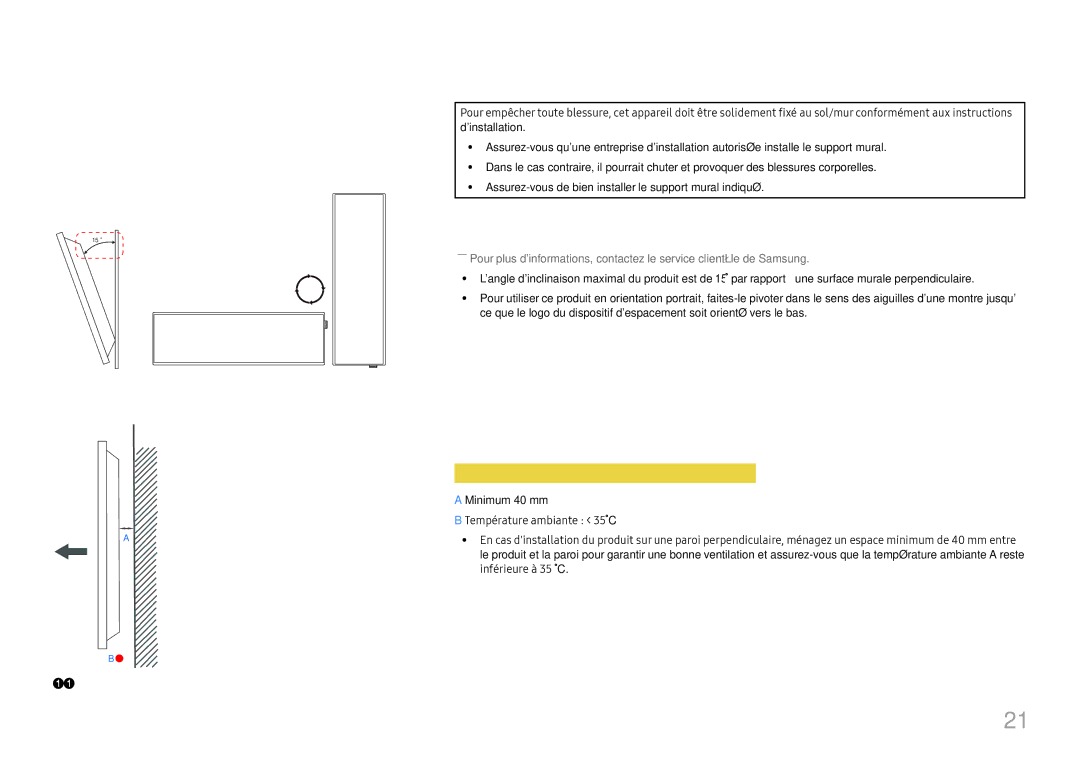 Samsung LH37SHFPLBB/EN manual Avant dinstaller le produit Guide dinstallation, Angle dinclinaison et rotation, Ventilation 