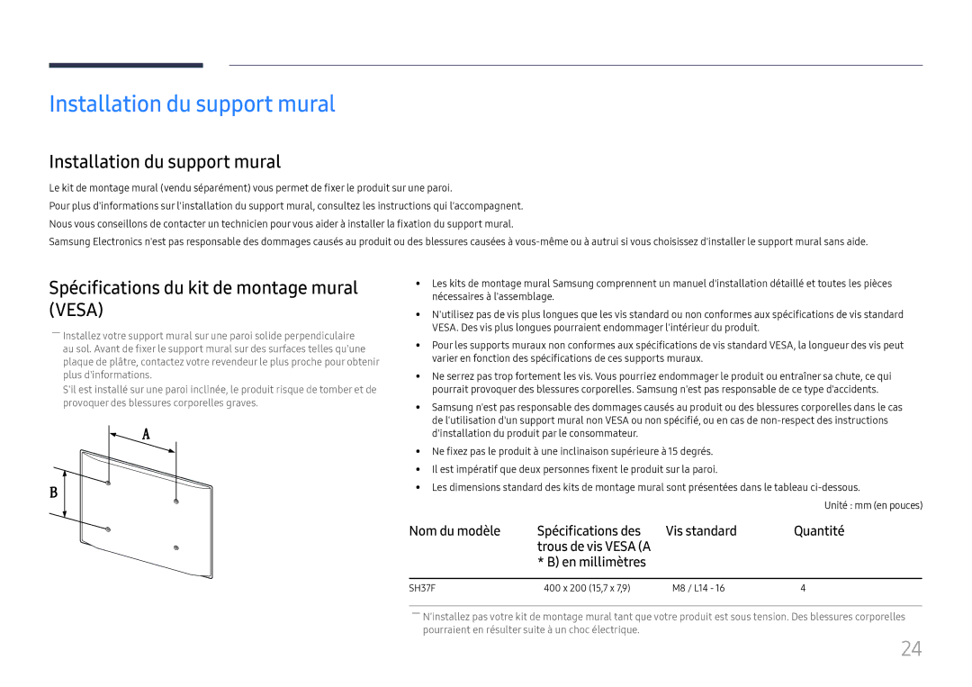 Samsung LH37SHFPLBB/EN manual Installation du support mural, Spécifications du kit de montage mural Vesa, En millimètres 