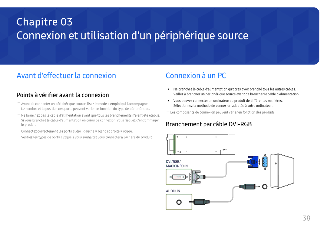 Samsung LH37SHFPLBB/EN manual Connexion et utilisation dun périphérique source, Avant deffectuer la connexion 