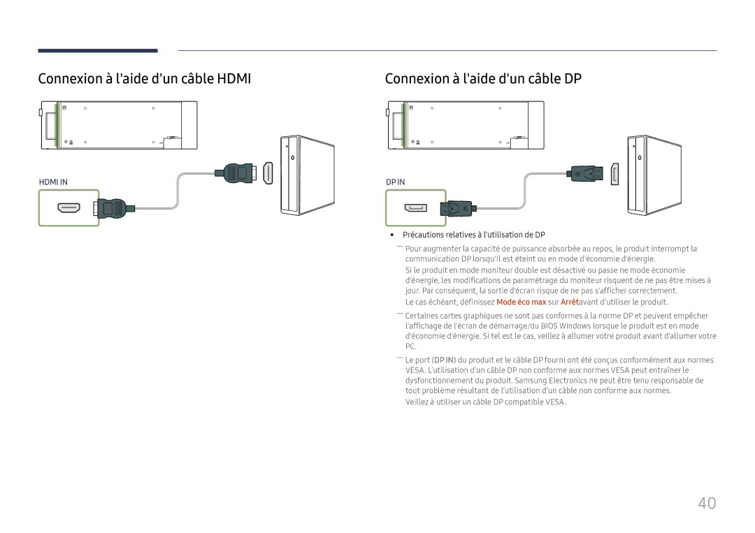 Samsung LH37SHFPLBB/EN manual Connexion à laide dun câble Hdmi, Connexion à laide dun câble DP 