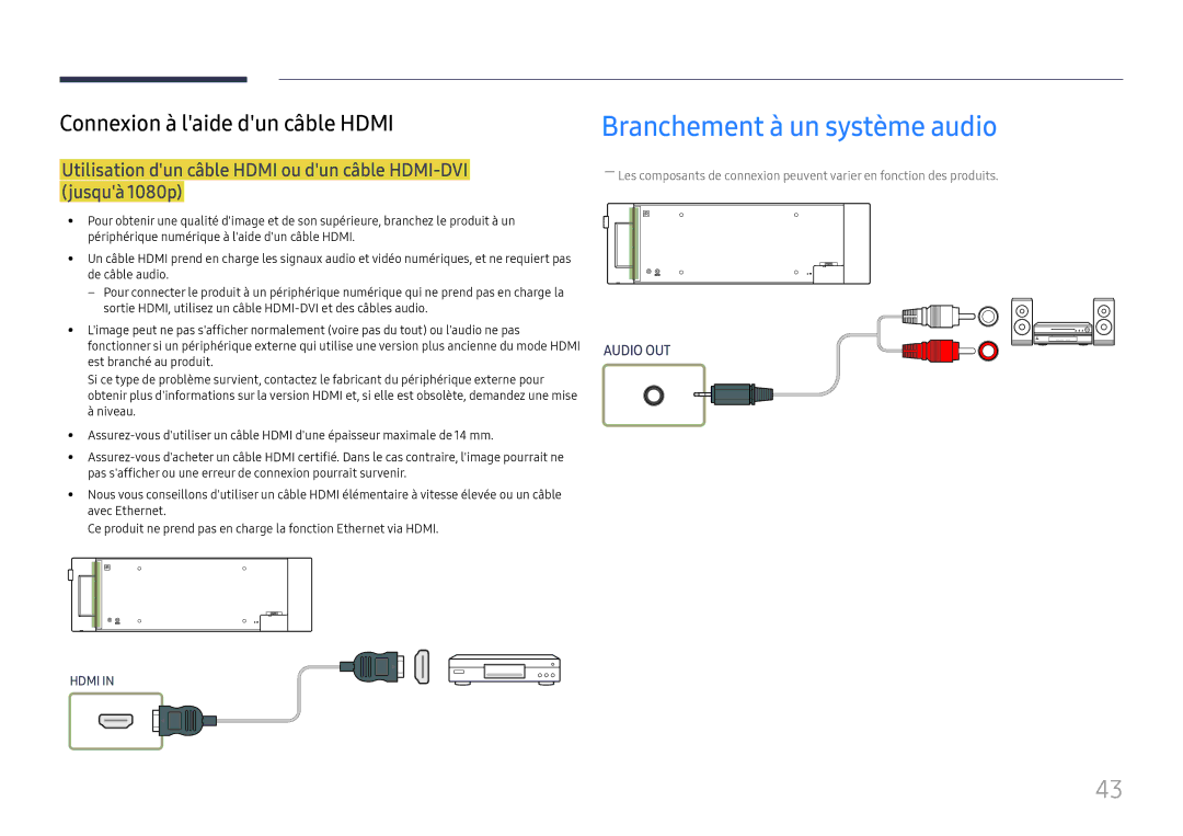 Samsung LH37SHFPLBB/EN manual Branchement à un système audio, Connexion à laide dun câble Hdmi 