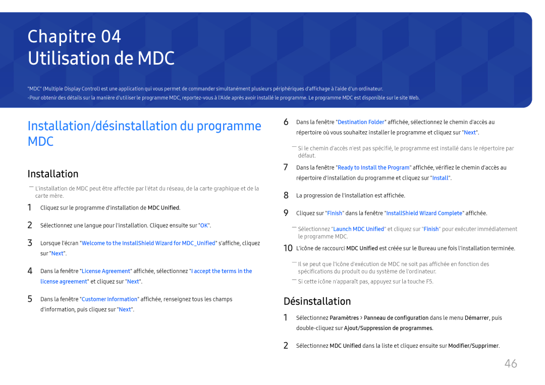 Samsung LH37SHFPLBB/EN manual Utilisation de MDC, Désinstallation, Double-cliquez sur Ajout/Suppression de programmes 