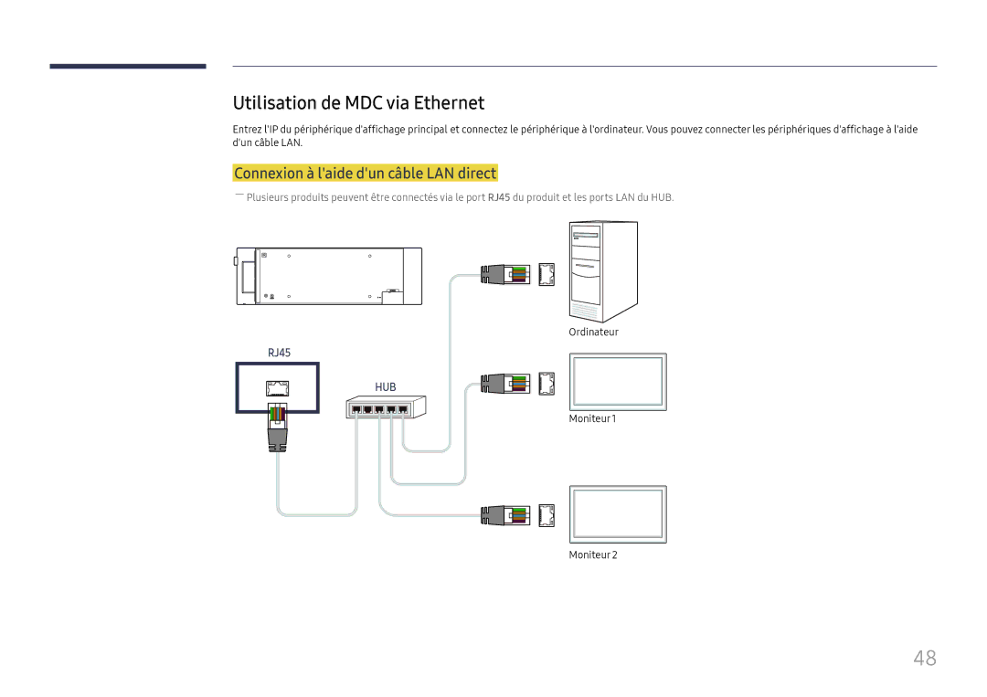 Samsung LH37SHFPLBB/EN manual Utilisation de MDC via Ethernet, Connexion à laide dun câble LAN direct 