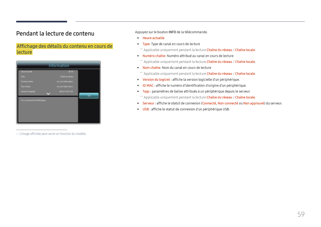 Samsung LH37SHFPLBB/EN Pendant la lecture de contenu, Affichage des détails du contenu en cours de lecture, Heure actuelle 