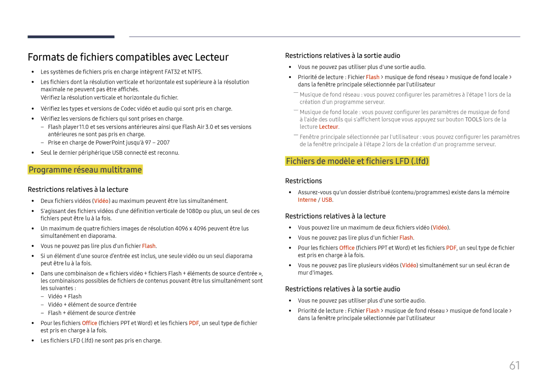 Samsung LH37SHFPLBB/EN manual Formats de fichiers compatibles avec Lecteur, Programme réseau multitrame 