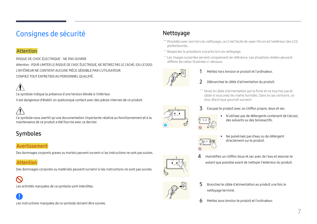 Samsung LH37SHFPLBB/EN manual Consignes de sécurité, Symboles, Nettoyage, Mettez hors tension le produit et lordinateur 