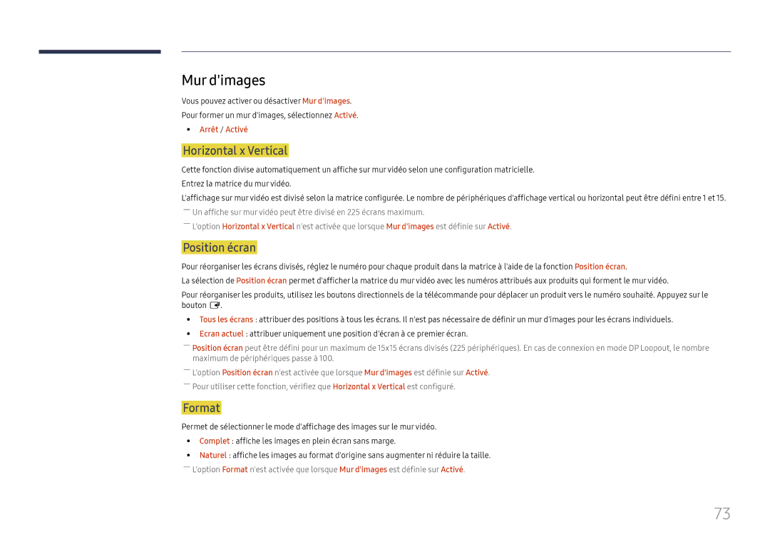 Samsung LH37SHFPLBB/EN manual Mur dimages, Horizontal x Vertical, Position écran, Format, Arrêt / Activé 