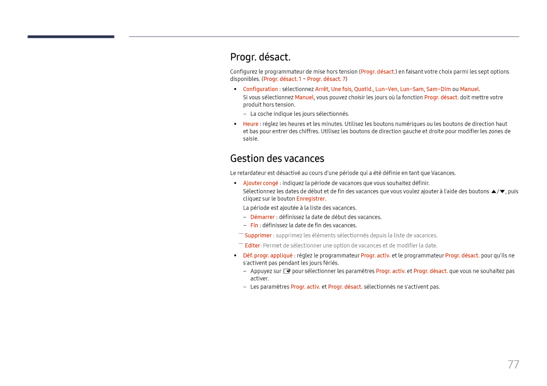 Samsung LH37SHFPLBB/EN manual Progr. désact, Gestion des vacances 