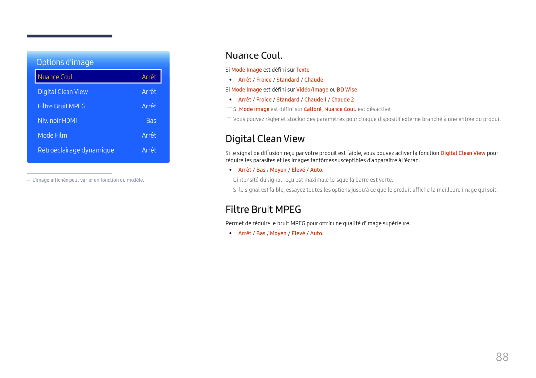 Samsung LH37SHFPLBB/EN manual Nuance Coul, Digital Clean View, Filtre Bruit Mpeg, Si Mode Image est défini sur Texte 