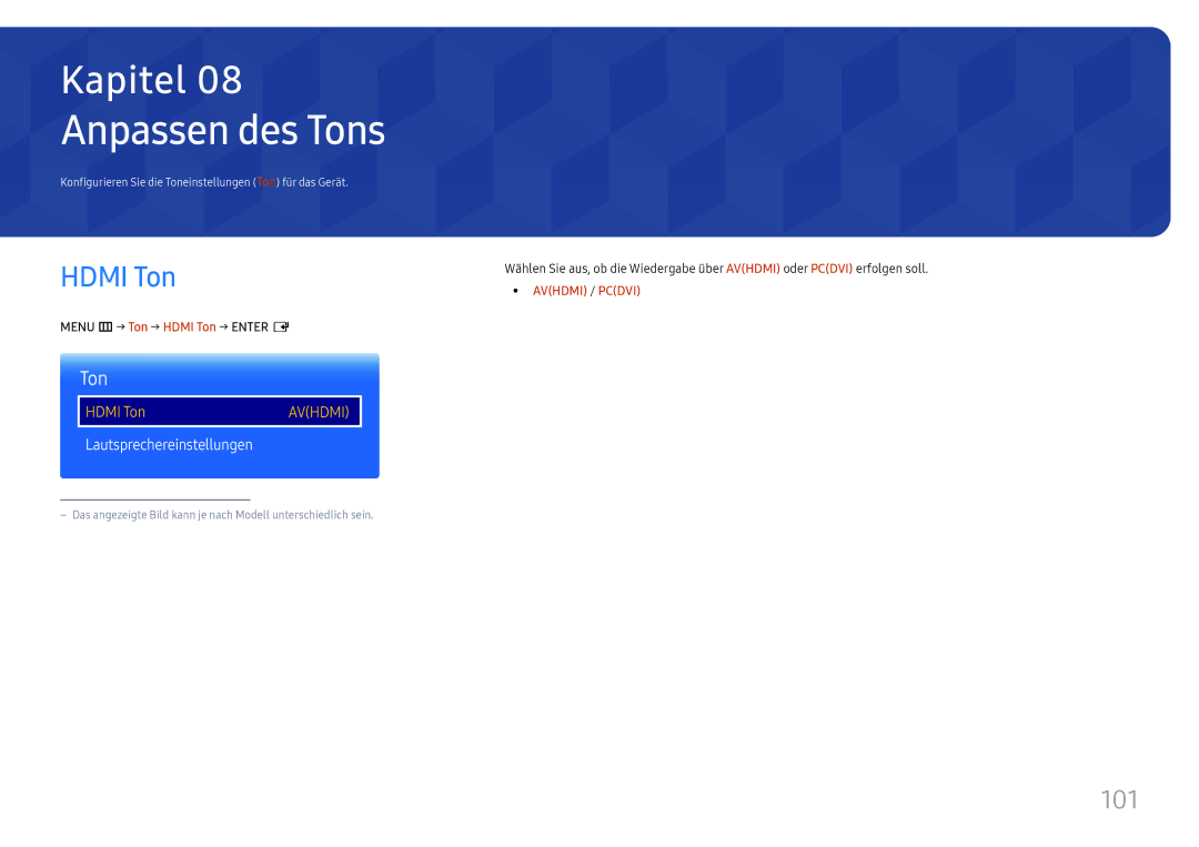 Samsung LH37SHFPLBB/EN manual Anpassen des Tons, 101, Menu m → Ton → Hdmi Ton → Enter E 