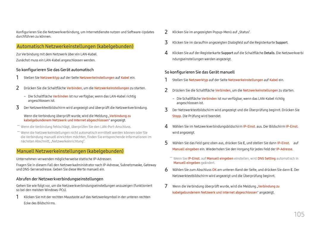 Samsung LH37SHFPLBB/EN 105, Automatisch Netzwerkeinstellungen kabelgebunden, Manuell Netzwerkeinstellungen kabelgebunden 
