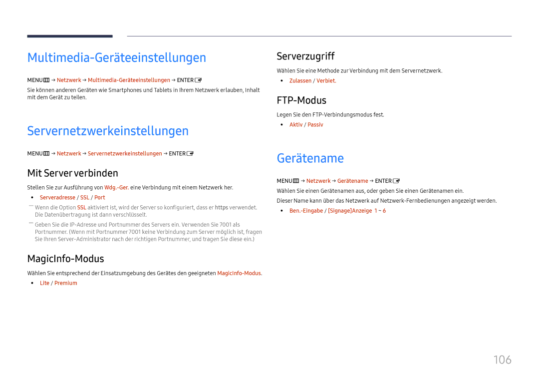 Samsung LH37SHFPLBB/EN manual Multimedia-Geräteeinstellungen, Servernetzwerkeinstellungen, Gerätename, 106 