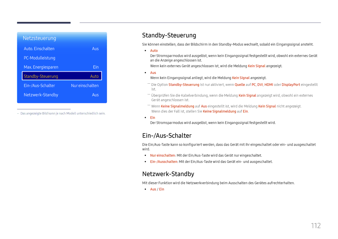 Samsung LH37SHFPLBB/EN manual 112, Standby-Steuerung, Ein-/Aus-Schalter, Netzwerk-Standby, Auto 