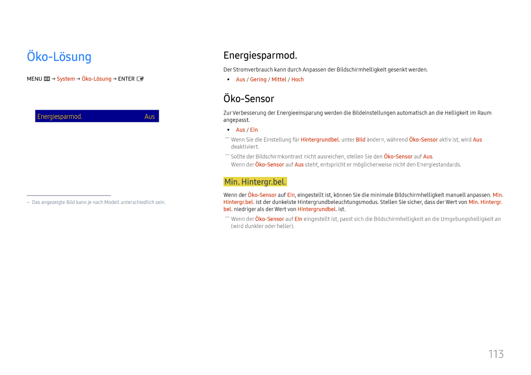 Samsung LH37SHFPLBB/EN manual Öko-Lösung, 113, Energiesparmod, Öko-Sensor 