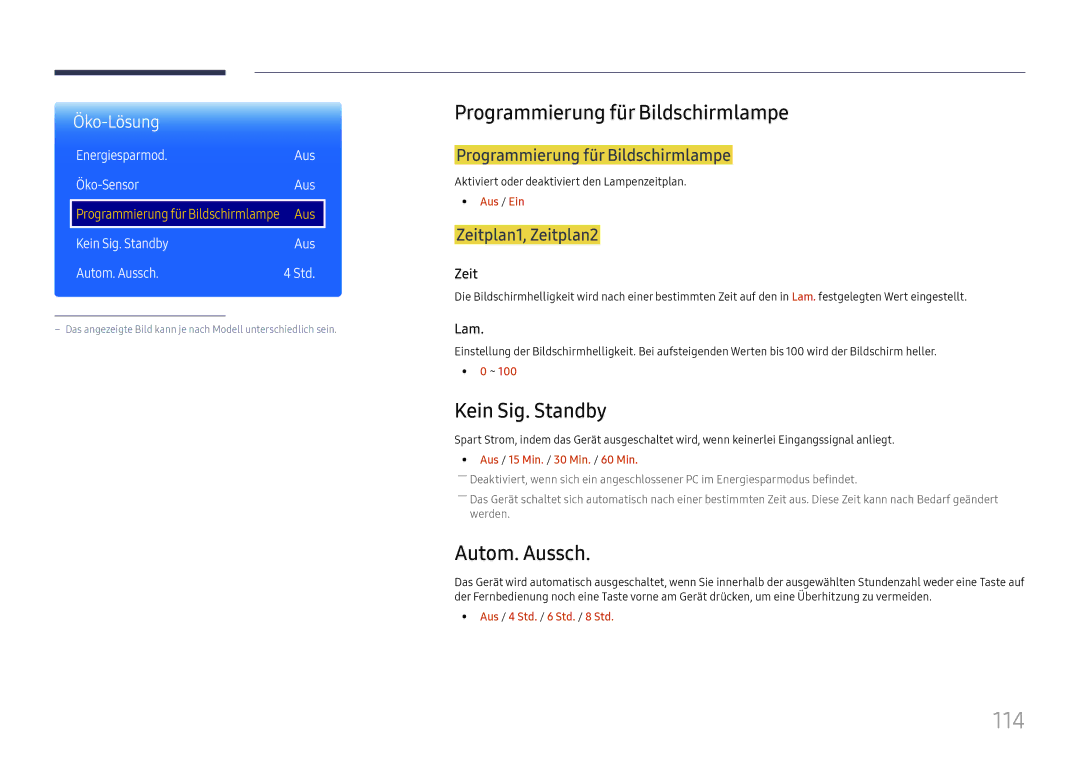 Samsung LH37SHFPLBB/EN manual 114, Programmierung für Bildschirmlampe, Kein Sig. Standby, Autom. Aussch 