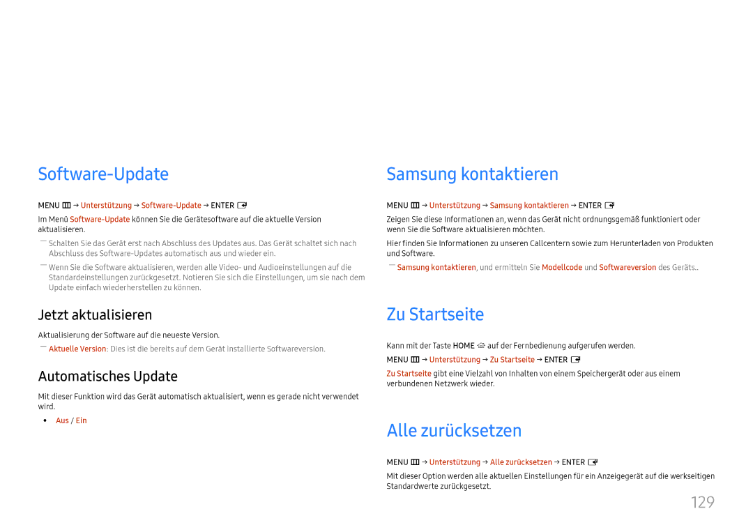 Samsung LH37SHFPLBB/EN manual Unterstützung, Software-Update, Samsung kontaktieren, Zu Startseite, Alle zurücksetzen 