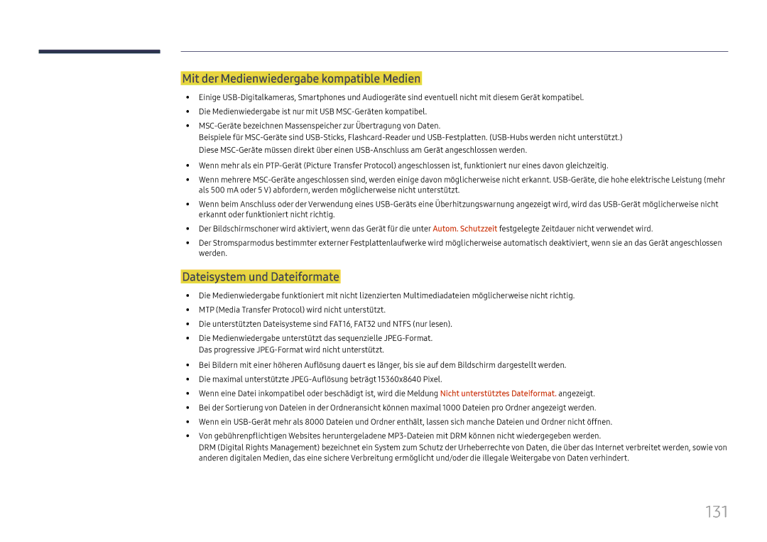 Samsung LH37SHFPLBB/EN manual 131, Mit der Medienwiedergabe kompatible Medien, Dateisystem und Dateiformate 