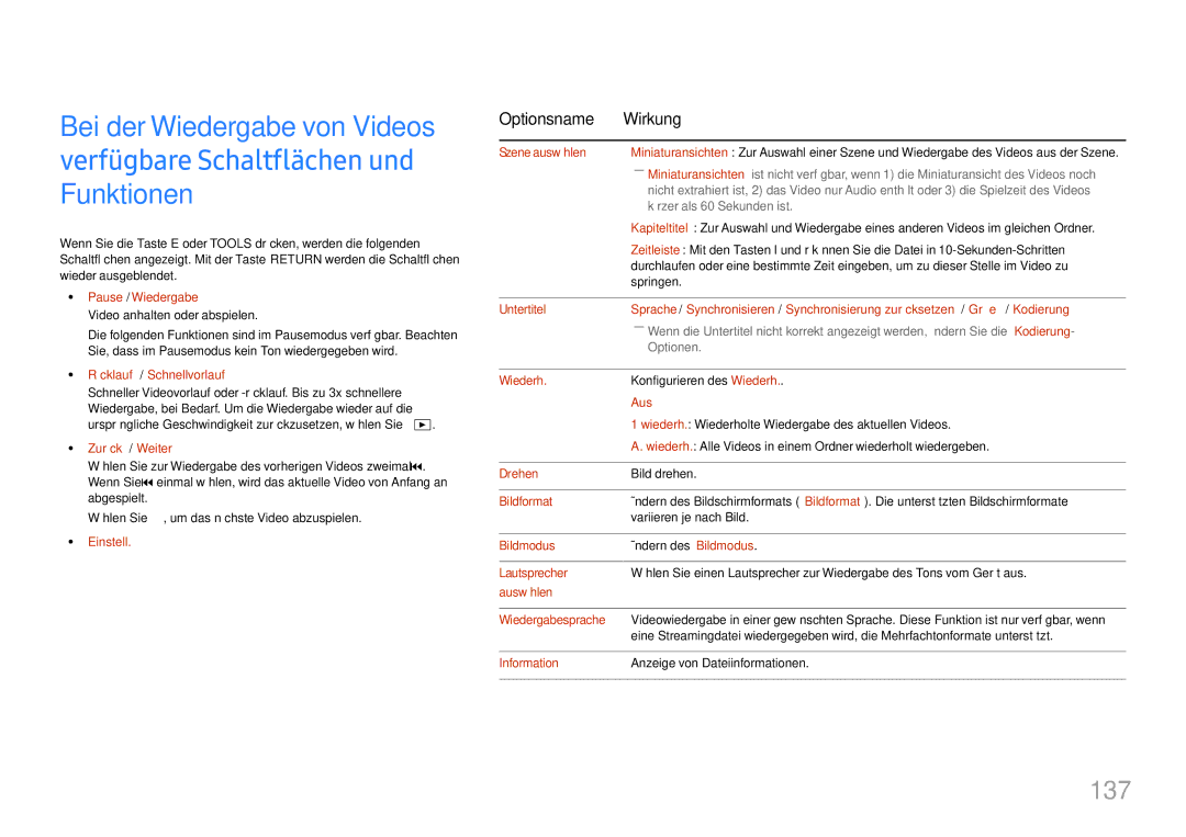 Samsung LH37SHFPLBB/EN manual 137, Rücklauf / Schnellvorlauf, Szene auswählen, Bildformat, Auswählen Wiedergabesprache 