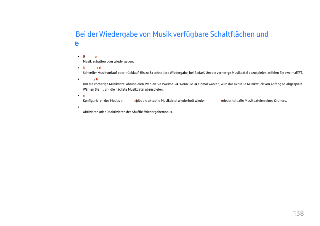 Samsung LH37SHFPLBB/EN manual 138, Musik anhalten oder wiedergeben, Zuf.-Wdg 