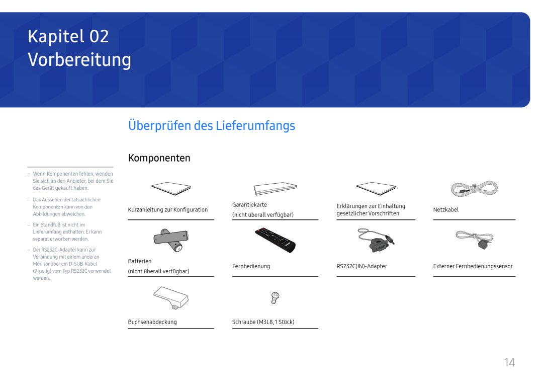 Samsung LH37SHFPLBB/EN Vorbereitung, Überprüfen des Lieferumfangs, Komponenten, Buchsenabdeckung Schraube M3L8, 1 Stück 