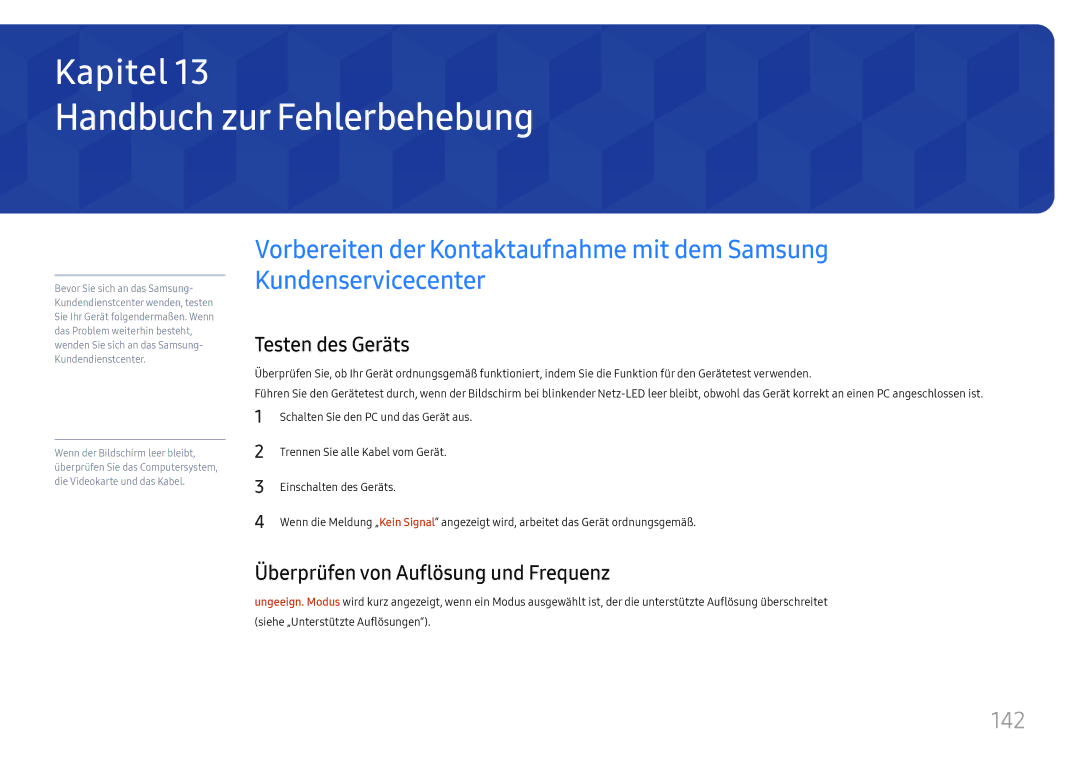 Samsung LH37SHFPLBB/EN manual Handbuch zur Fehlerbehebung, 142, Testen des Geräts, Überprüfen von Auflösung und Frequenz 