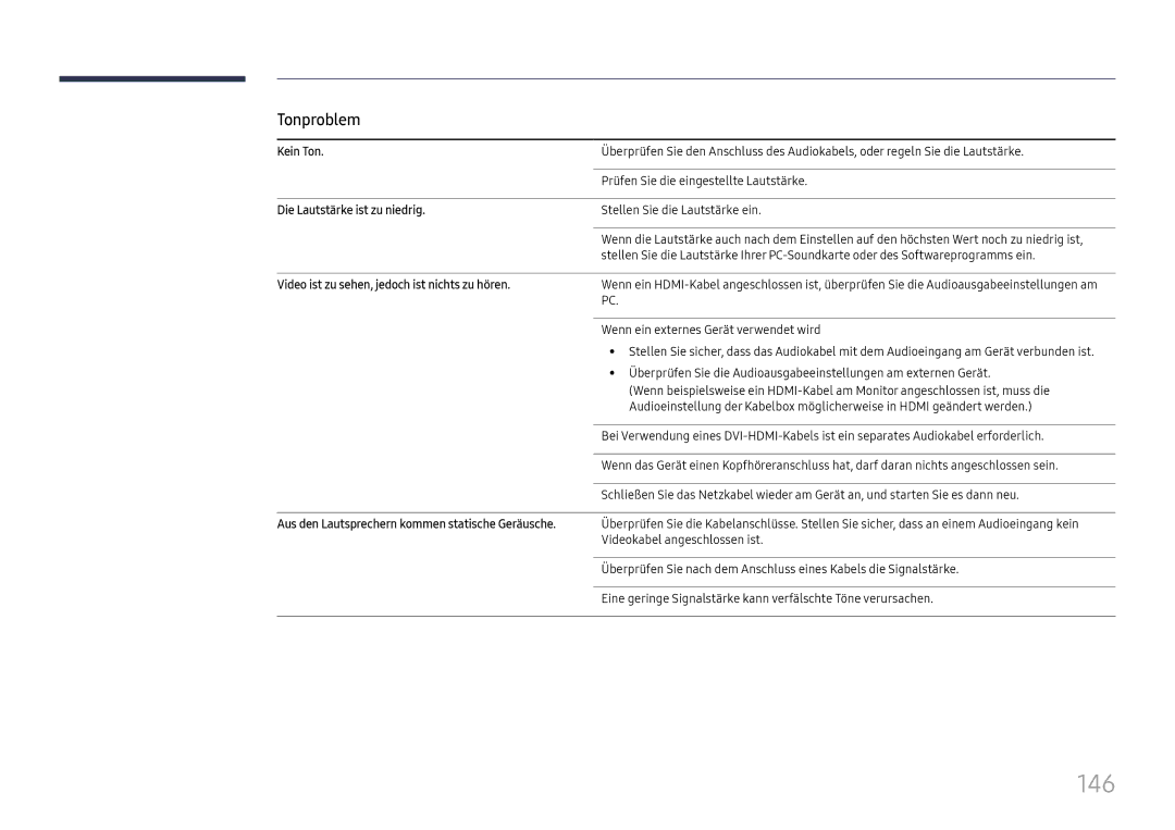 Samsung LH37SHFPLBB/EN manual 146, Tonproblem, Kein Ton, Die Lautstärke ist zu niedrig 