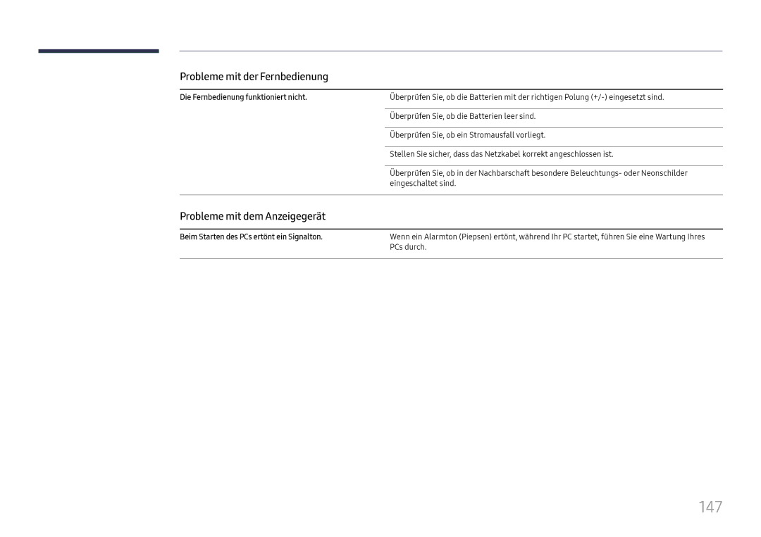 Samsung LH37SHFPLBB/EN manual 147, Probleme mit der Fernbedienung, Probleme mit dem Anzeigegerät 