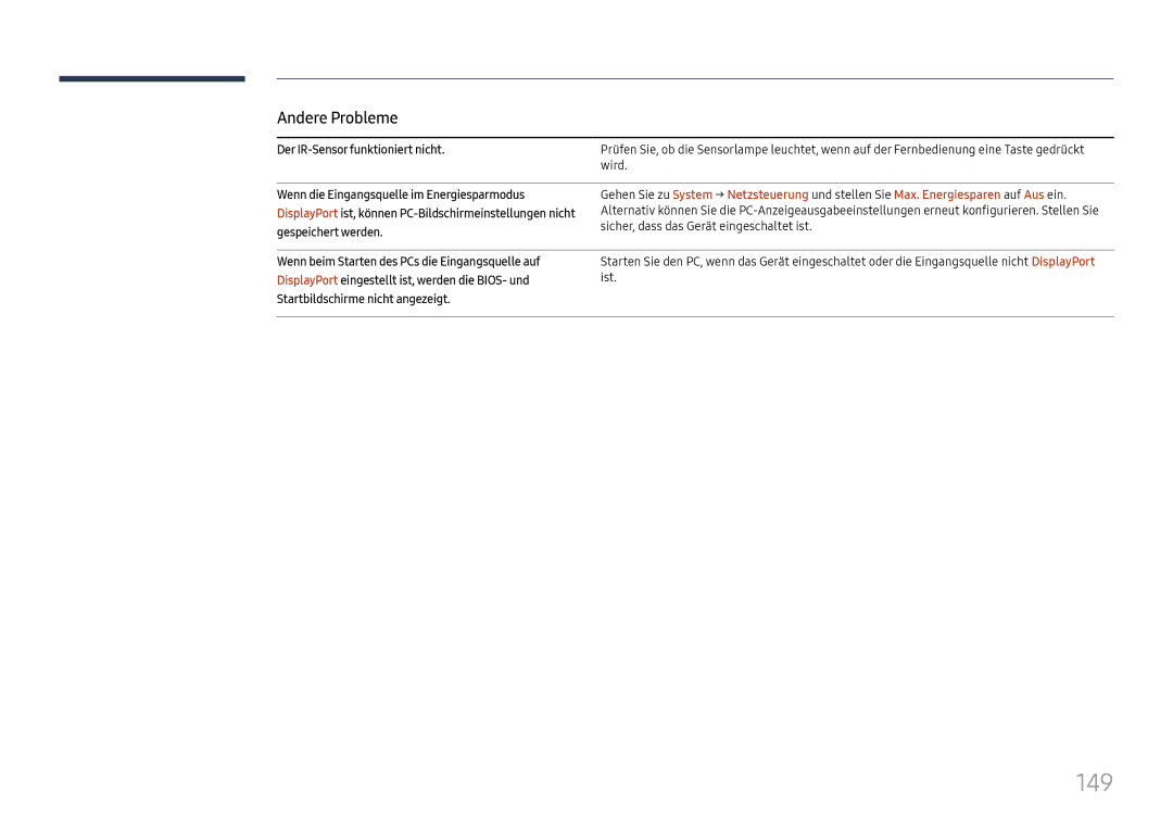 Samsung LH37SHFPLBB/EN manual 149, Der IR-Sensor funktioniert nicht, Wird, Wenn die Eingangsquelle im Energiesparmodus 