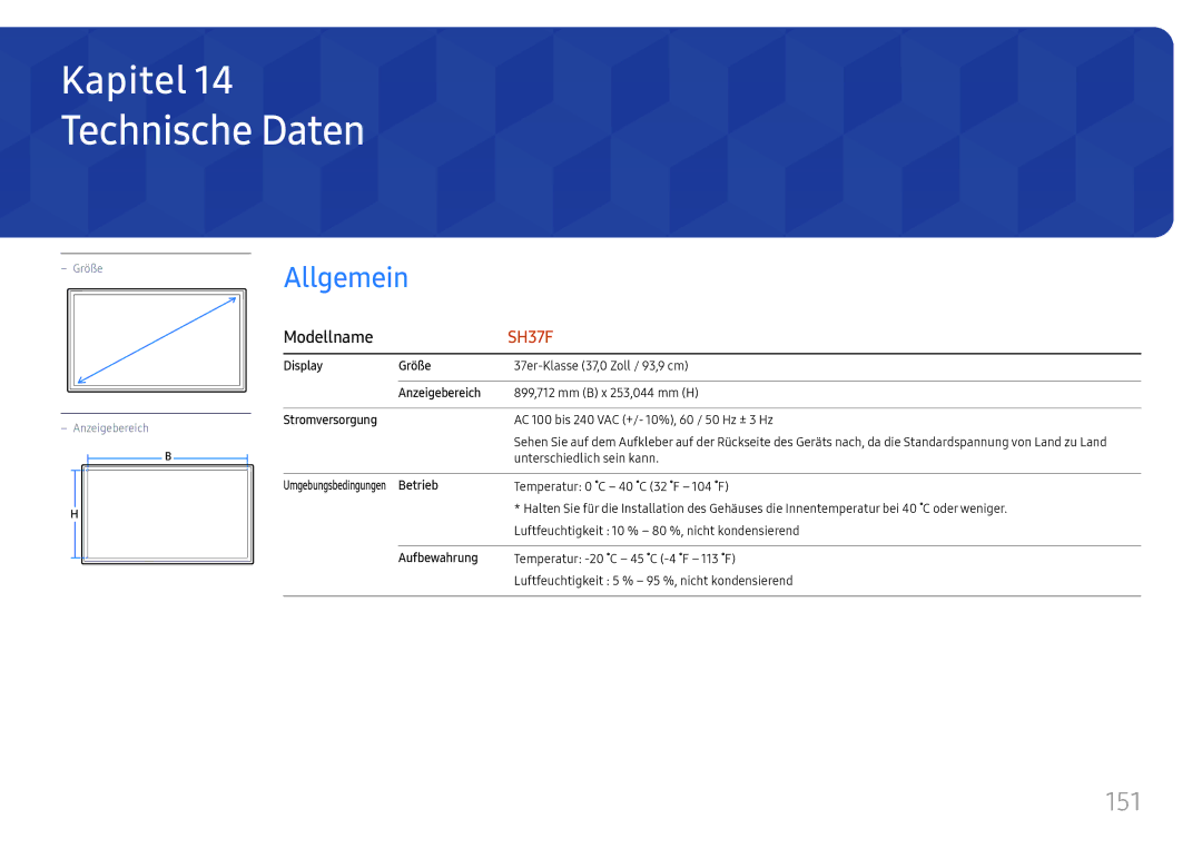 Samsung LH37SHFPLBB/EN manual Technische Daten, 151 