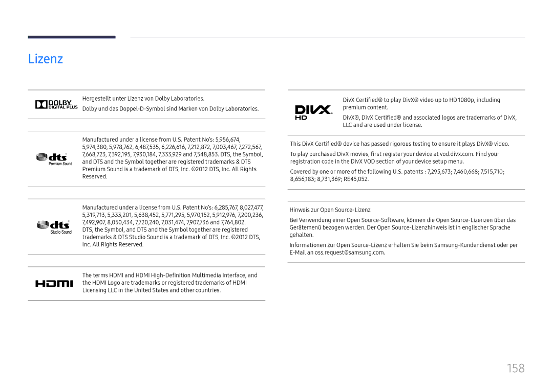 Samsung LH37SHFPLBB/EN manual Lizenz, 158, DTS and the Symbol together are registered trademarks & DTS, Reserved 