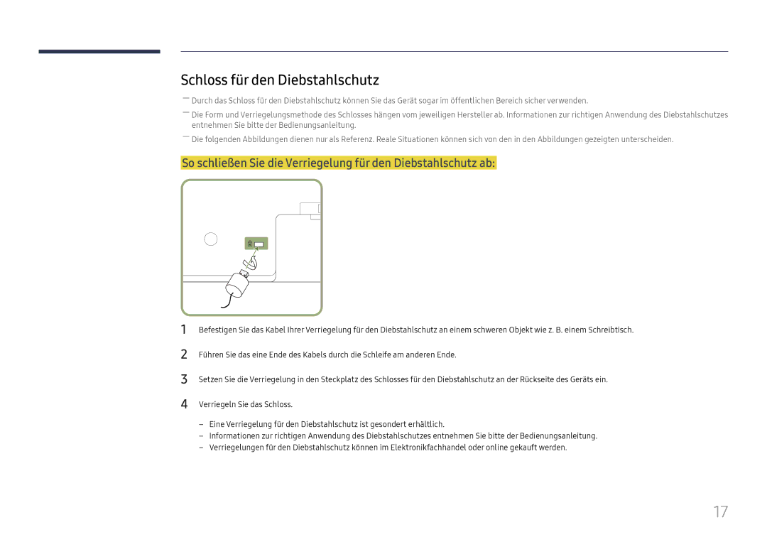 Samsung LH37SHFPLBB/EN manual Schloss für den Diebstahlschutz, So schließen Sie die Verriegelung für den Diebstahlschutz ab 