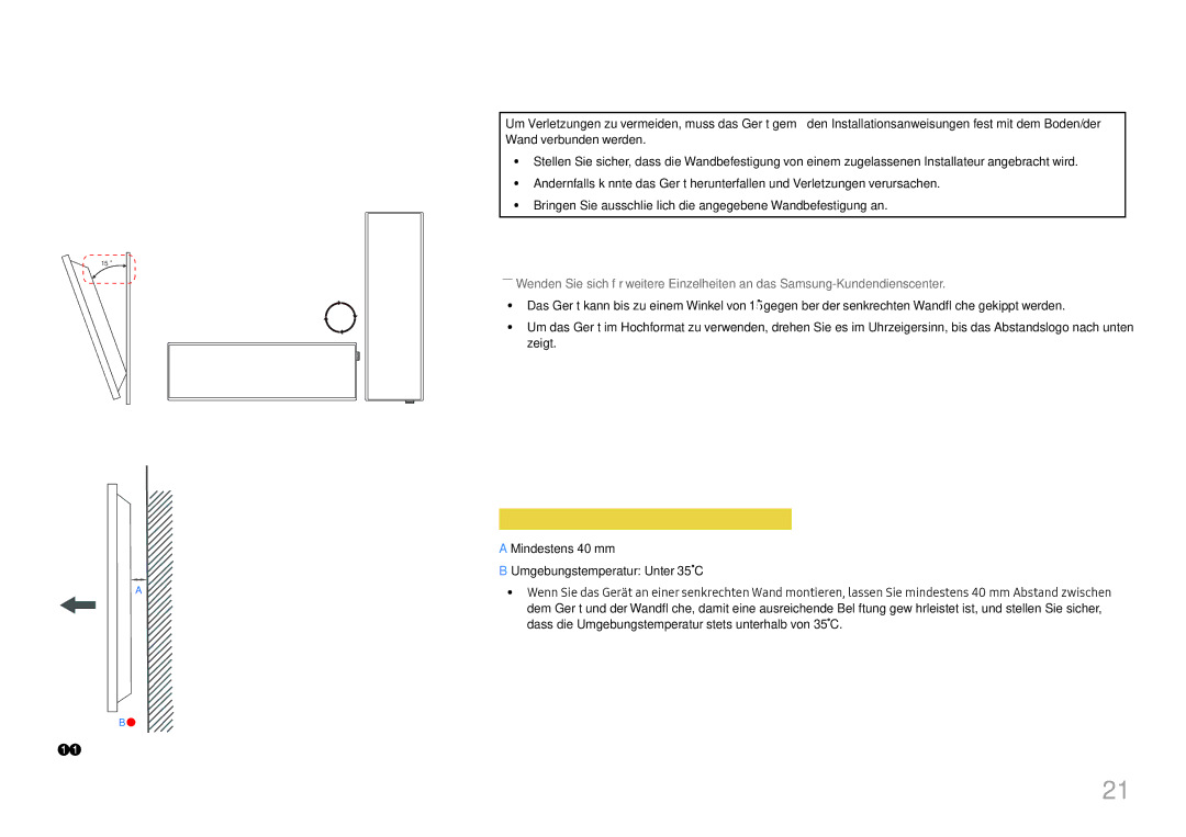 Samsung LH37SHFPLBB/EN manual Kippwinkel und Drehung, Lüftung, Montage an einer senkrechten Wand 